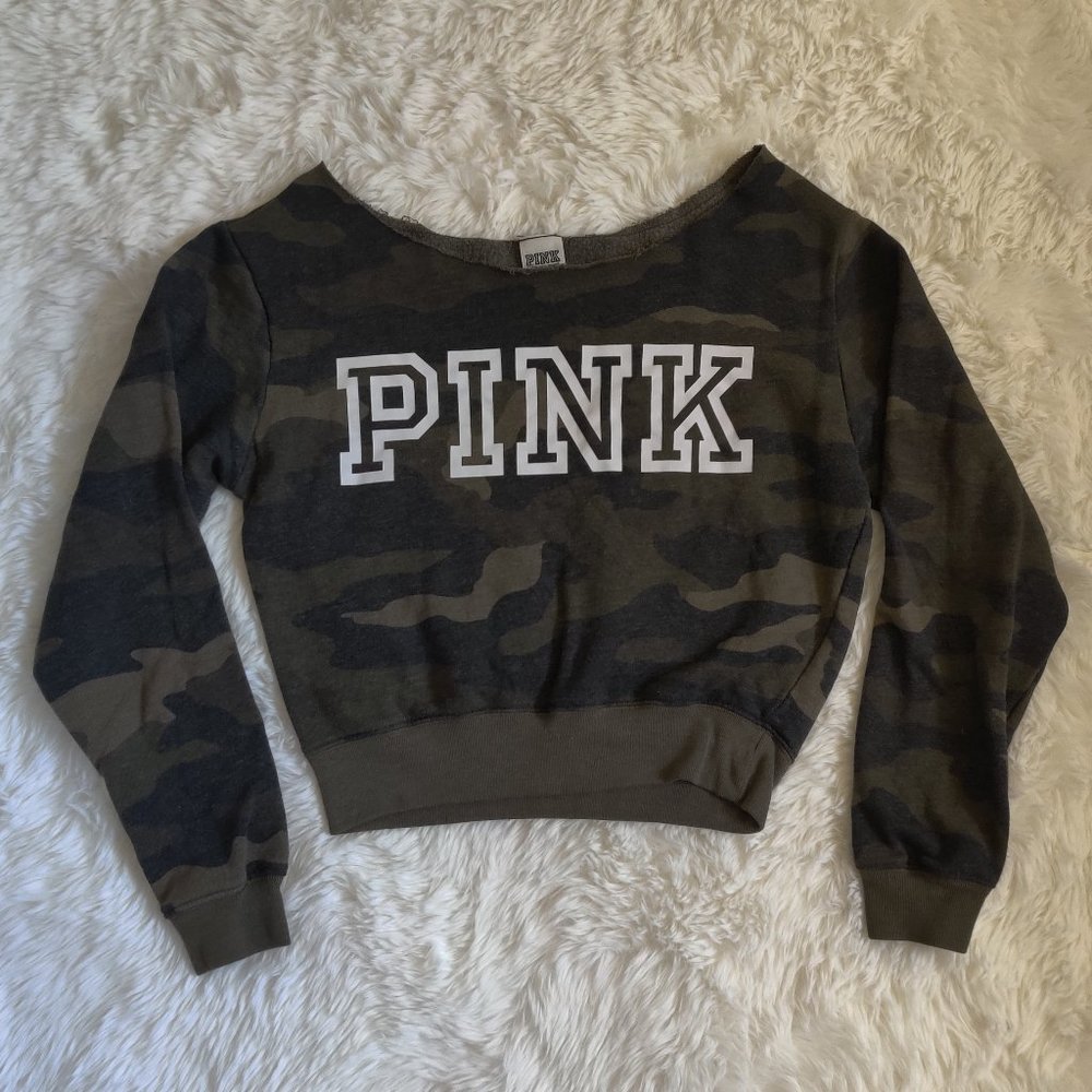 PINK Victoria Secret Slouchy Shoulder Camo Crop Sweatshirt Size XS
